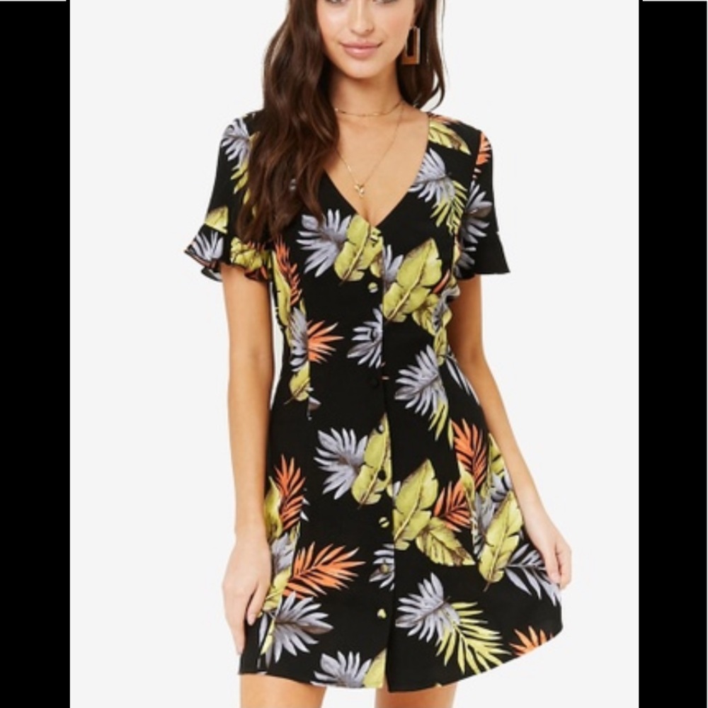 Tropical print leaf mini dress